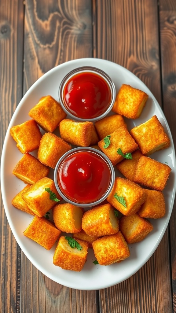 Golden crispy potato nuggets on a plate with ketchup and parsley on a rustic wooden table.